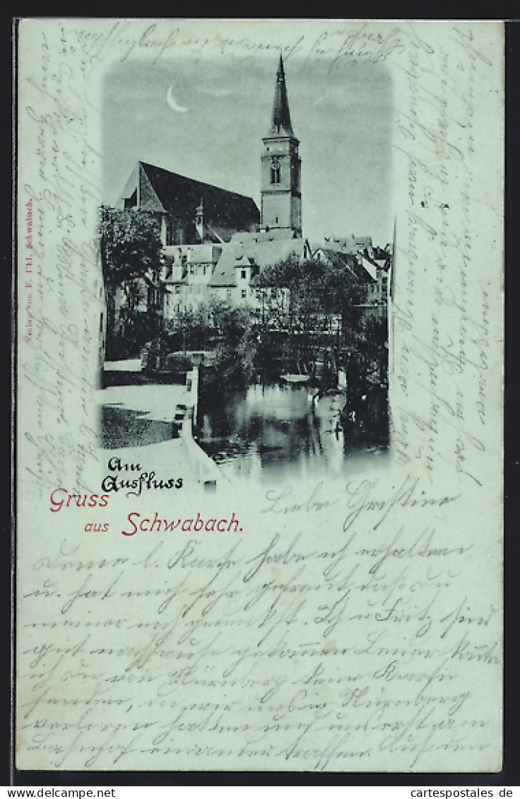 Mondschein-AK Schwabach, Am Ausfluss, Blick Zur Kirche  - Schwabach