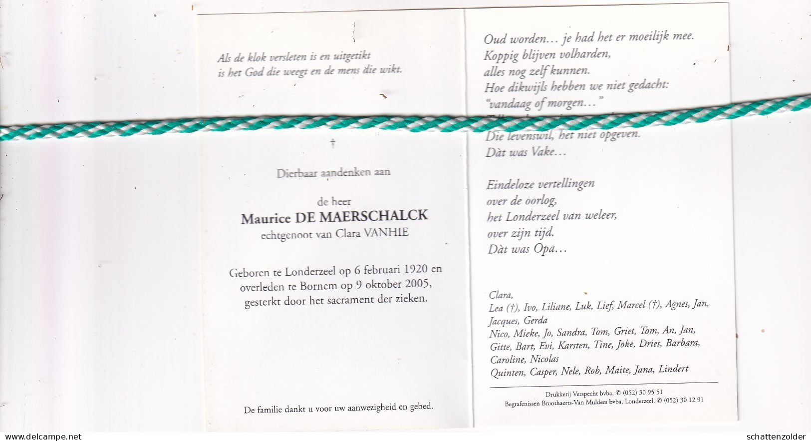 Maurice De Maerschalck-Vanhie, Londerzeel 1920, Bornem 2005. Foto - Décès