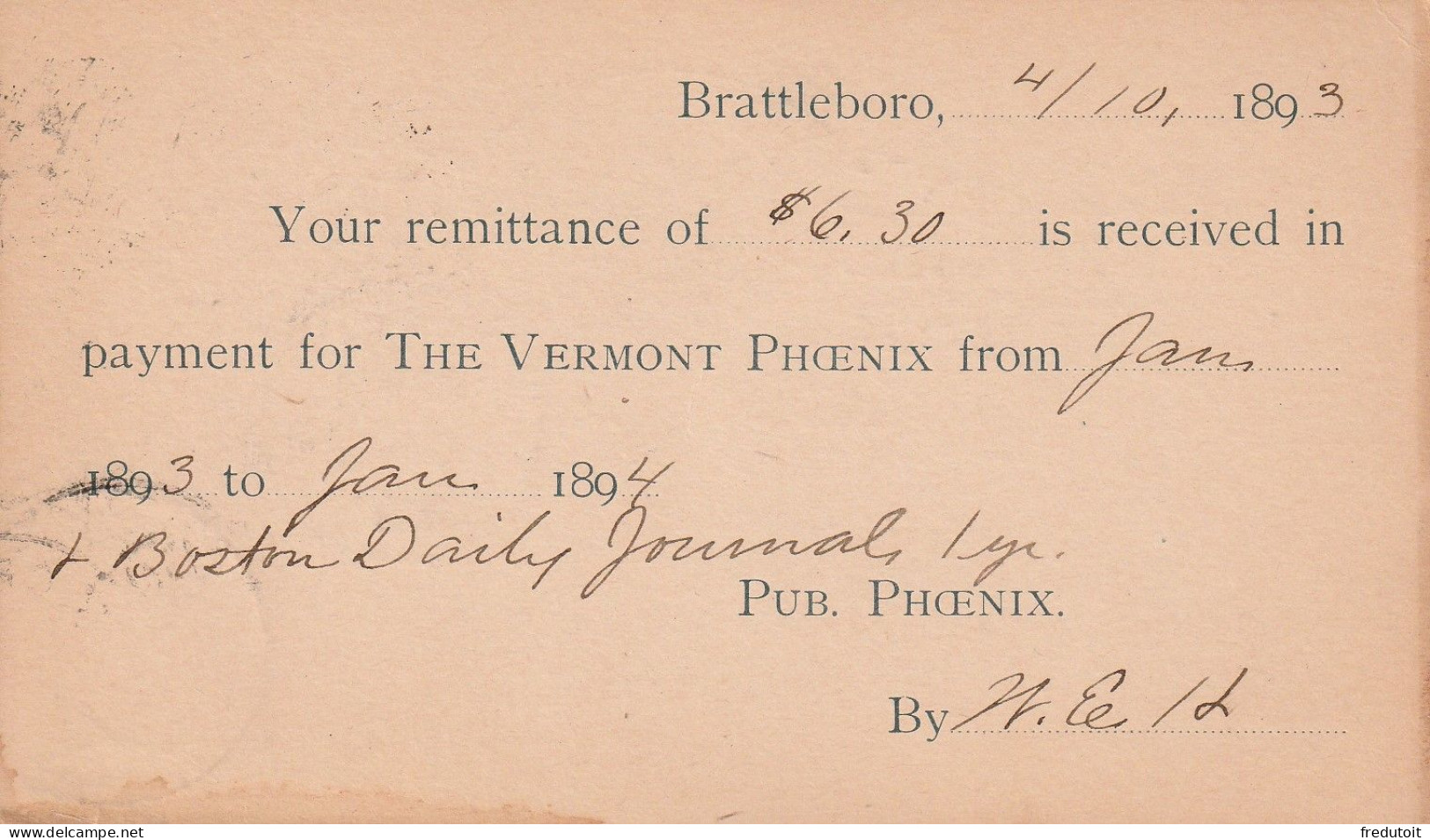 USA - POST CARD - Brattleboro: Le 11/04/1893 Pour Crafton - ...-1900