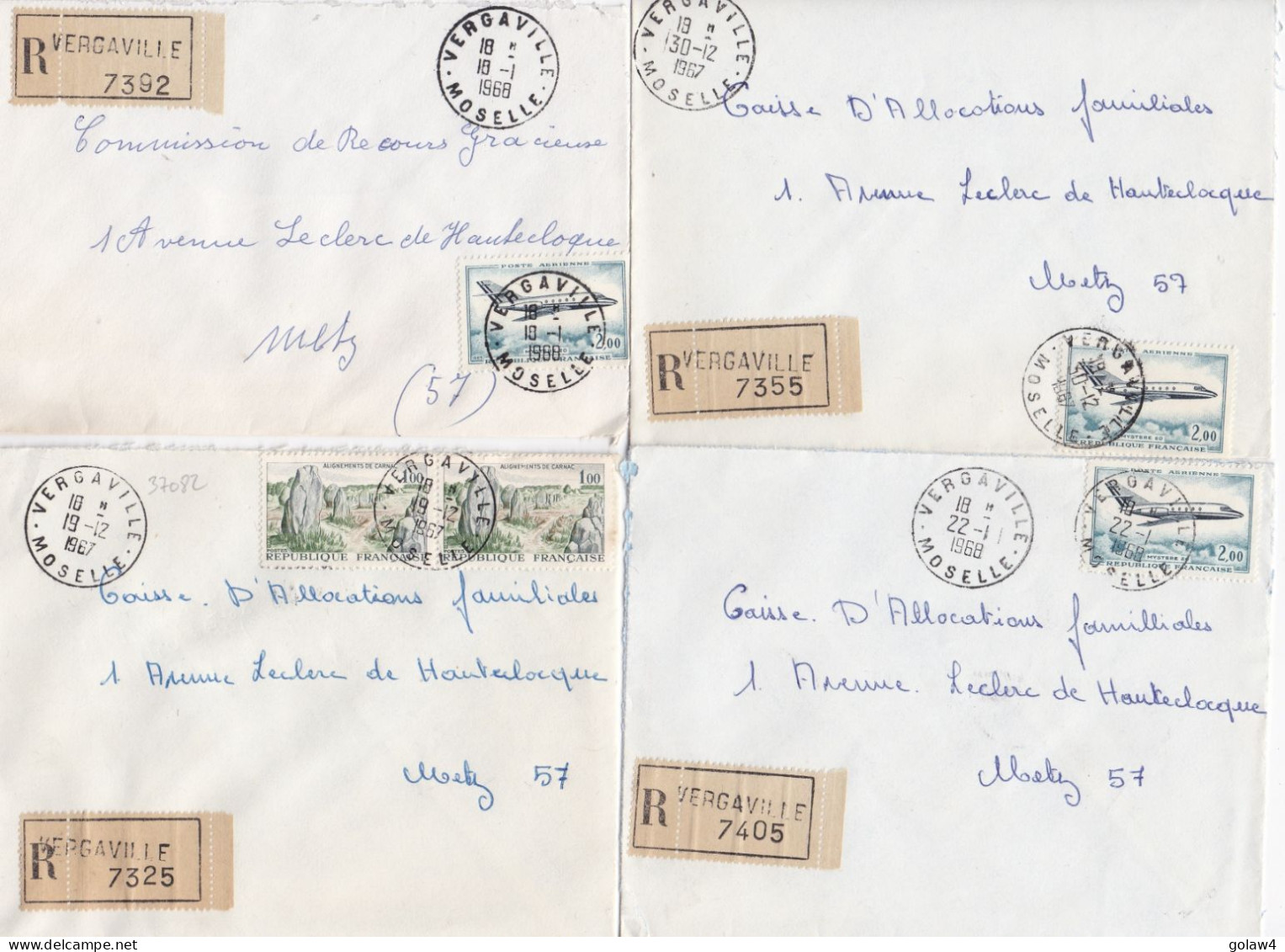 37082# LOT 7 LETTRES FRANCHISE PARTIELLE RECOMMANDE Obl VERGAVILLE MOSELLE 1967 1968 Pour METZ 57 - Brieven En Documenten