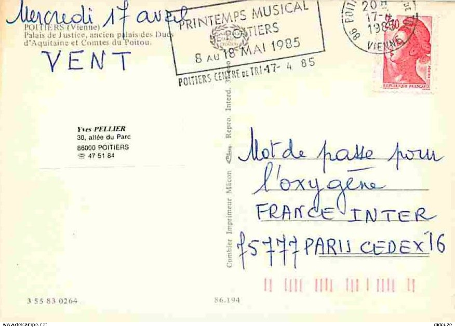 86 - Poitiers - Le Palais De Justice - Ancien Palais Des Ducs D'Aquitaine - Flamme Postale Du Printemps Musical De Poiti - Poitiers