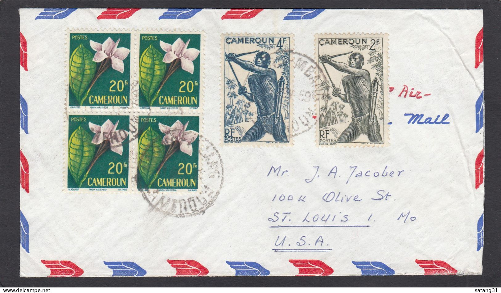 LETTRE PAR AVION DE ABONG MBANG,AVEC TIMBRES BLOC DE 4 "FLEUR" ET 2 TIMBRES  "TIREUR A L'ARC" POUR ST. LOUIS U.S.A.,1959 - Brieven En Documenten