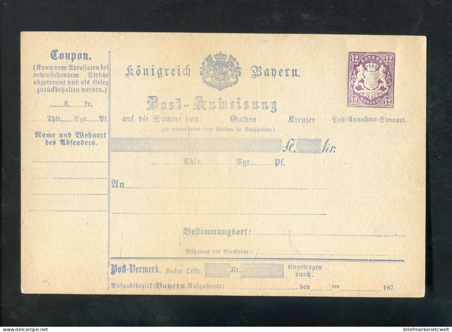 "BAYERN" Post-Anweisung "12 Kreuzer" ** (B2008) - Postal  Stationery