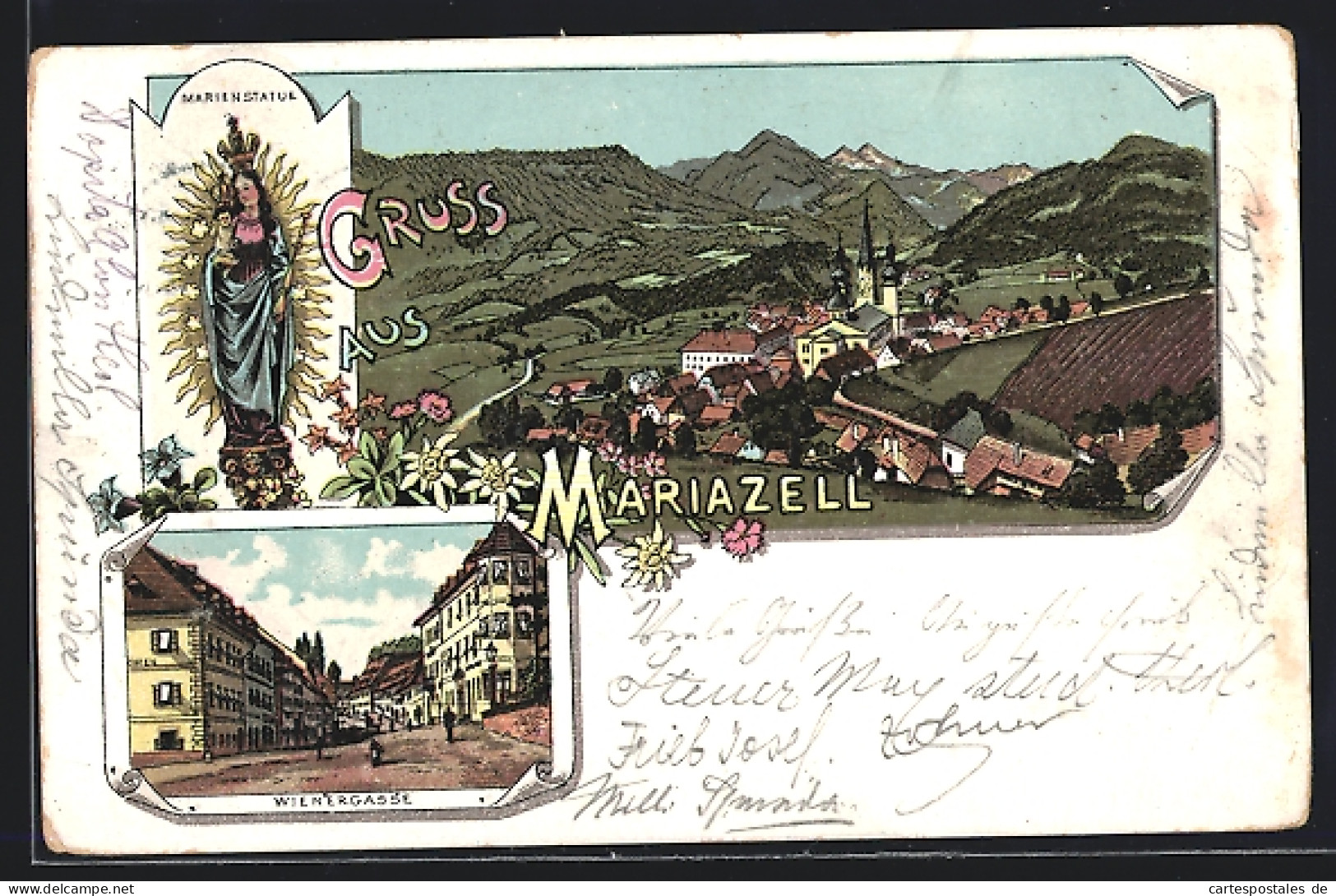 Lithographie Mariazell, Teilansicht Mit Kirche, Strasse Wienergasse, Marienstatue  - Other & Unclassified