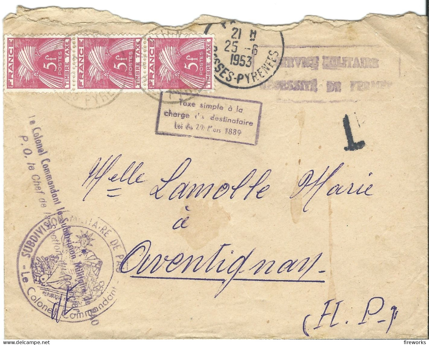 FRANCE 3 Timbres "taxe" YT N°85 Malgré Franchise Militaire Sur Enveloppe De 1953 - Lettres & Documents