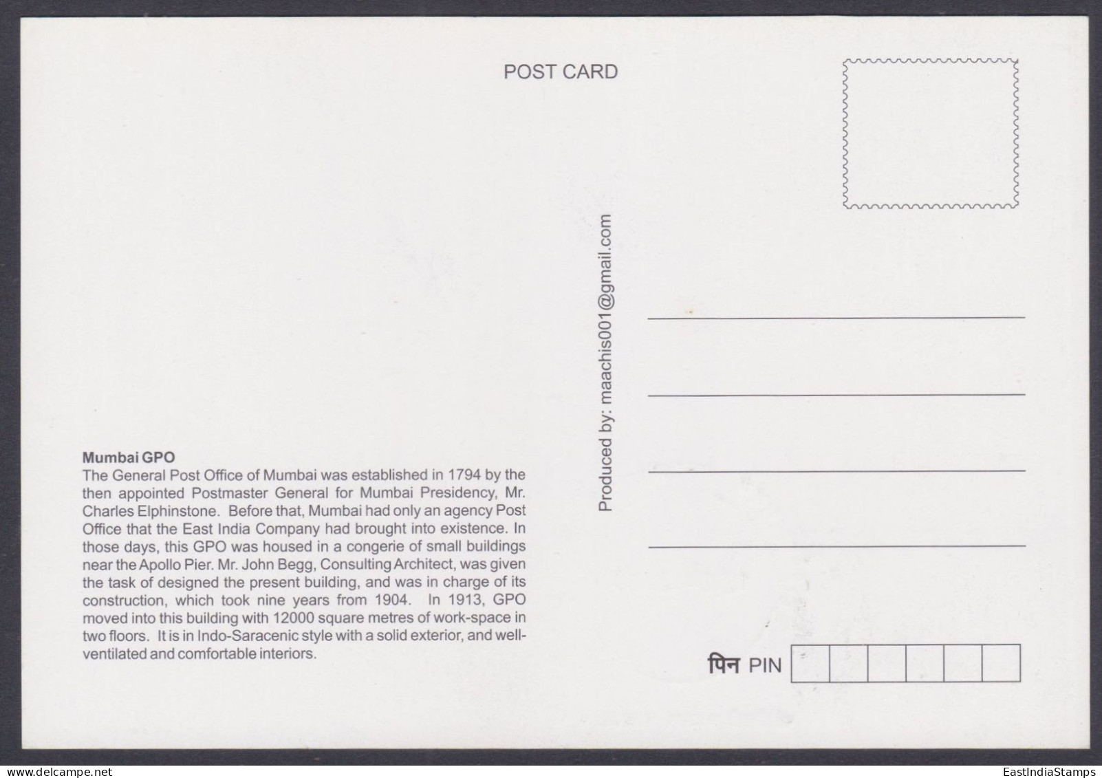 Inde India 2013 Maximum Max Card Mumbai G.P.O, Post Office Building, Heritage, Architecture, Postal Service - Brieven En Documenten