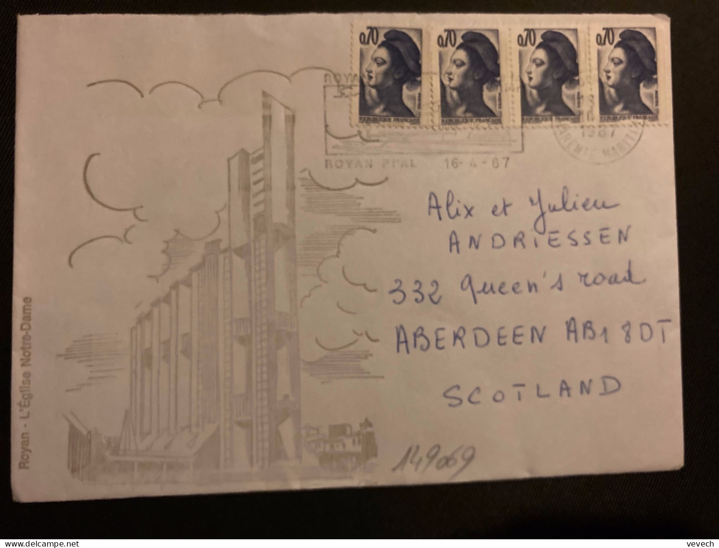 LETTRE ROYAN EGLISE NOTRE DAME Pour ECOSSE TP LIBERTE 0,70 + Bande De 3 OBL.MEC.16-4 1987 17 ROYAN PPAL - 1982-1990 Vrijheid Van Gandon