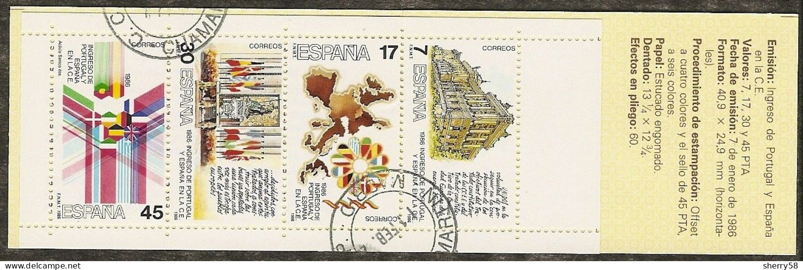 1986-ED. 2825C- CARNÉ-INGRESO DE ESPAÑA Y PORTUGAL EN LA COMUNIDAD EUROPEA-USADO- - Oblitérés