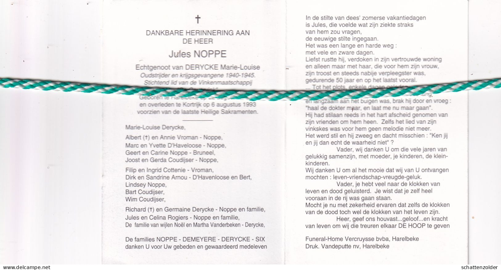 Jules Noppe-Derycke, Harelbeke 1919, Kortrijk 1993. Oud-strijder 40-45; Foto - Obituary Notices