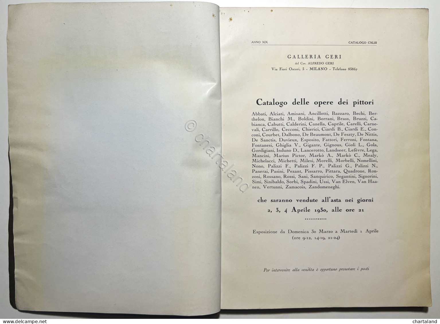 Catalogo CXLIII - Galleria Geri - Opere Dei Pittori Dell'Ottocento - Ed. 1930 - Autres & Non Classés
