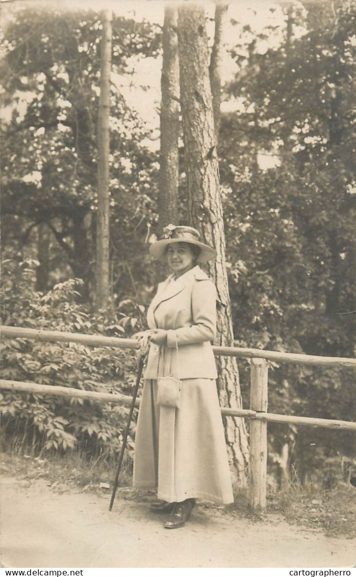 Social History Souvenir Photo Postcard Lady Dress Hat Forest 1918 - Photographs