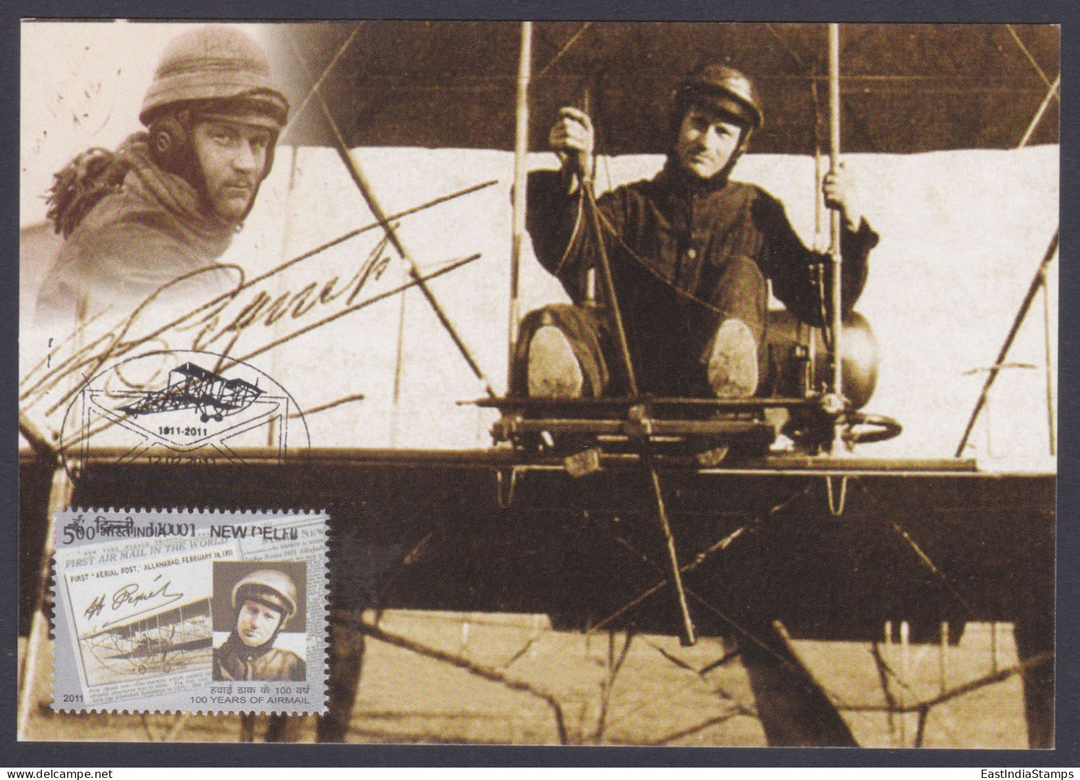 Inde India 2011 Maximum Max Card Airmail Centenary, Airplane, Mons Henri Pequet, Pilot, Biplane, Aeroplane, Aircraft - Cartas & Documentos