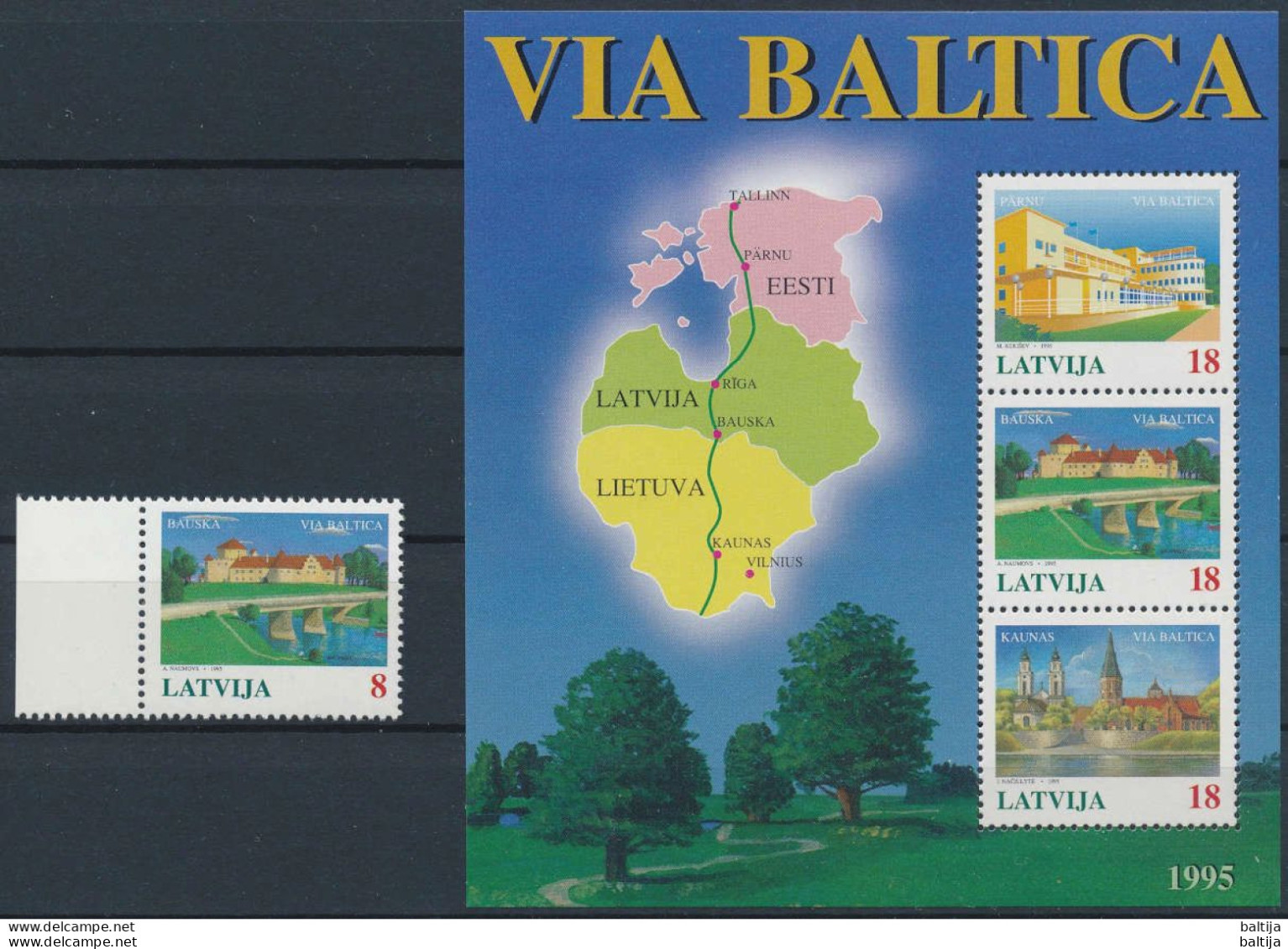 Mi 395-98 + Block 5 ** MNH / Via Baltica, Road, Infrastructure / Map, Chart, Pärnu, Bauska, Kaunas / Joint Issue - Latvia