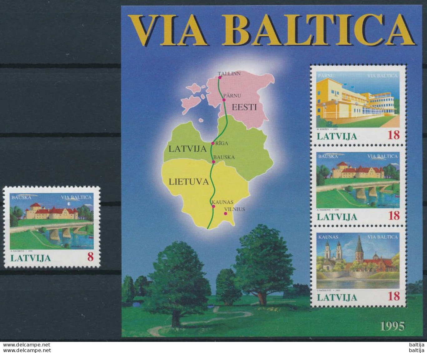 Mi 395-98 + Block 5 ** MNH / Via Baltica, Road, Infrastructure / Map, Chart, Pärnu, Bauska, Kaunas / Joint Issue - Letland