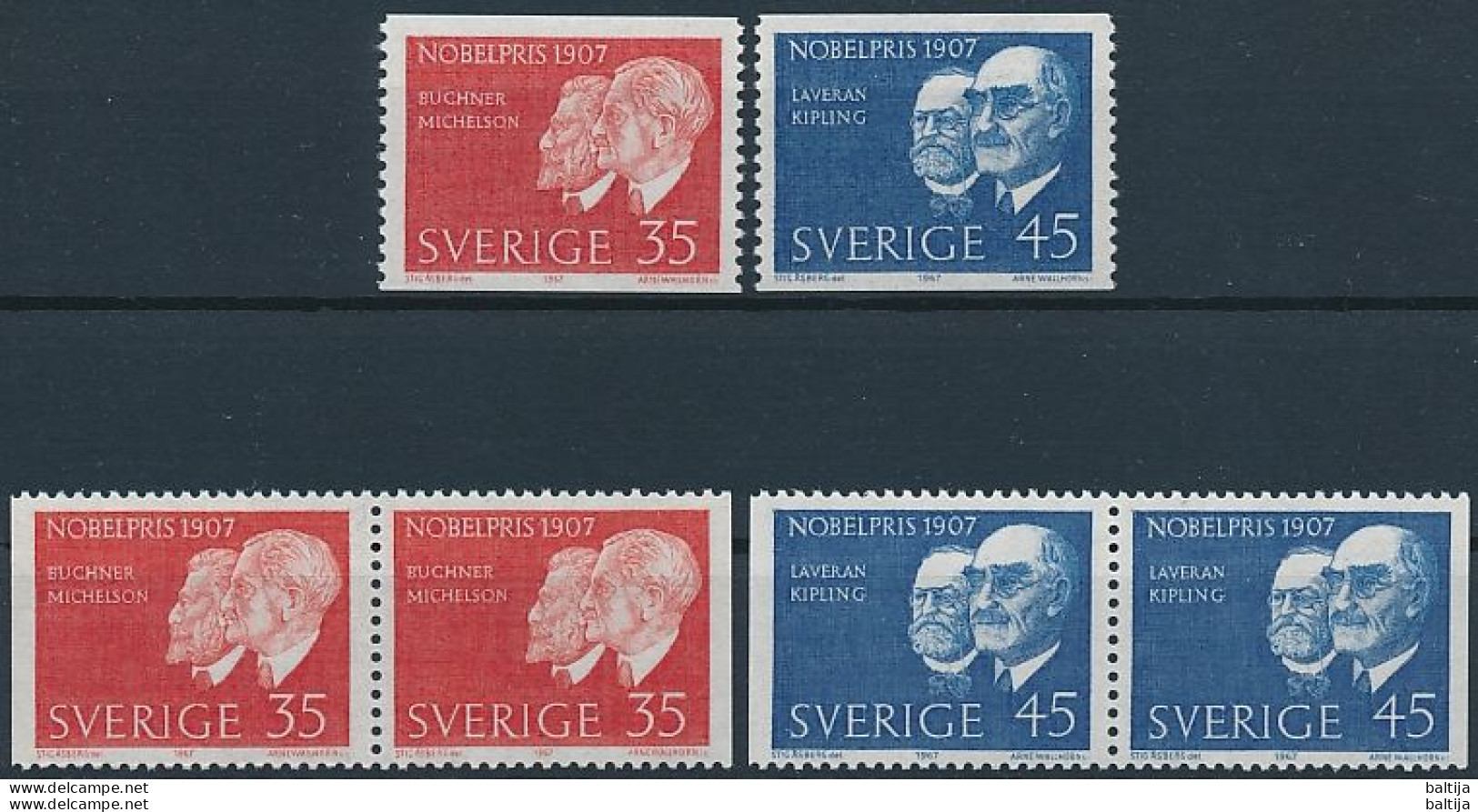 Sweden, Mi 596-597 ** MNH / Eduard Buchner, Albert A. Michelson, Charles Louis Alphonse Laveran, Rudyard Kipling - Premio Nobel