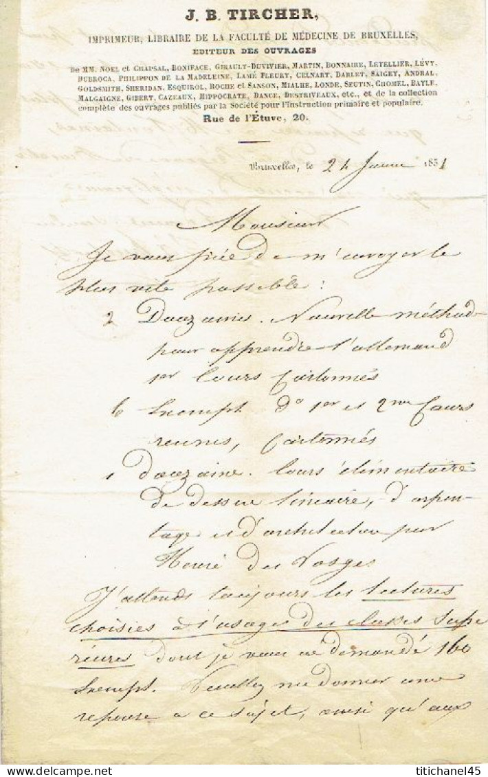 Médaillon N°4A Obl P24  BRUXELLES (24/01/51) S/LAC + Entête J.B. TIRCHER Editeur-Imprimeur Faculté Médecine De BRUXELLES - 1849-1850 Medaillen (3/5)