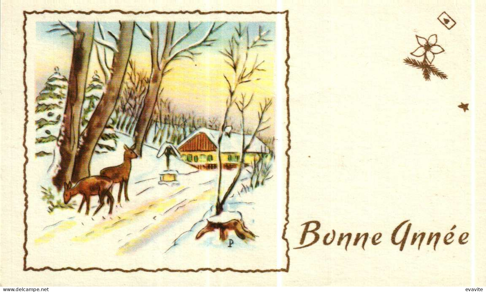 Petite Carte Mignonette       Bonne Année  Biches, Maison, Neige - New Year