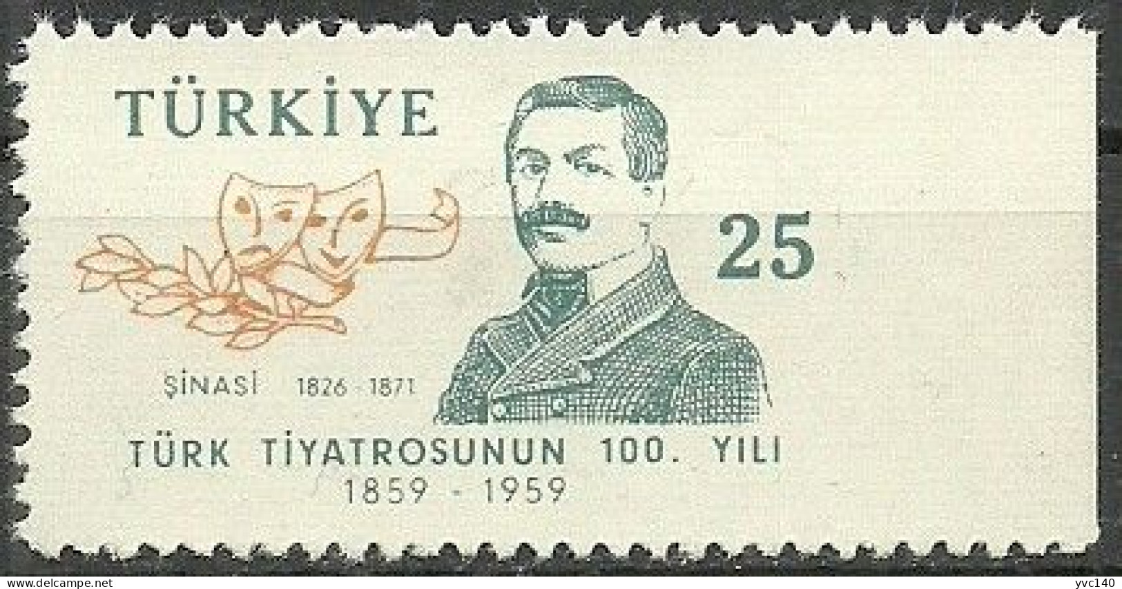 Turkey; 1959 100th Anniv. Of The Turkish Theater 25 K. ERROR "Imperf. Edge" - Nuovi