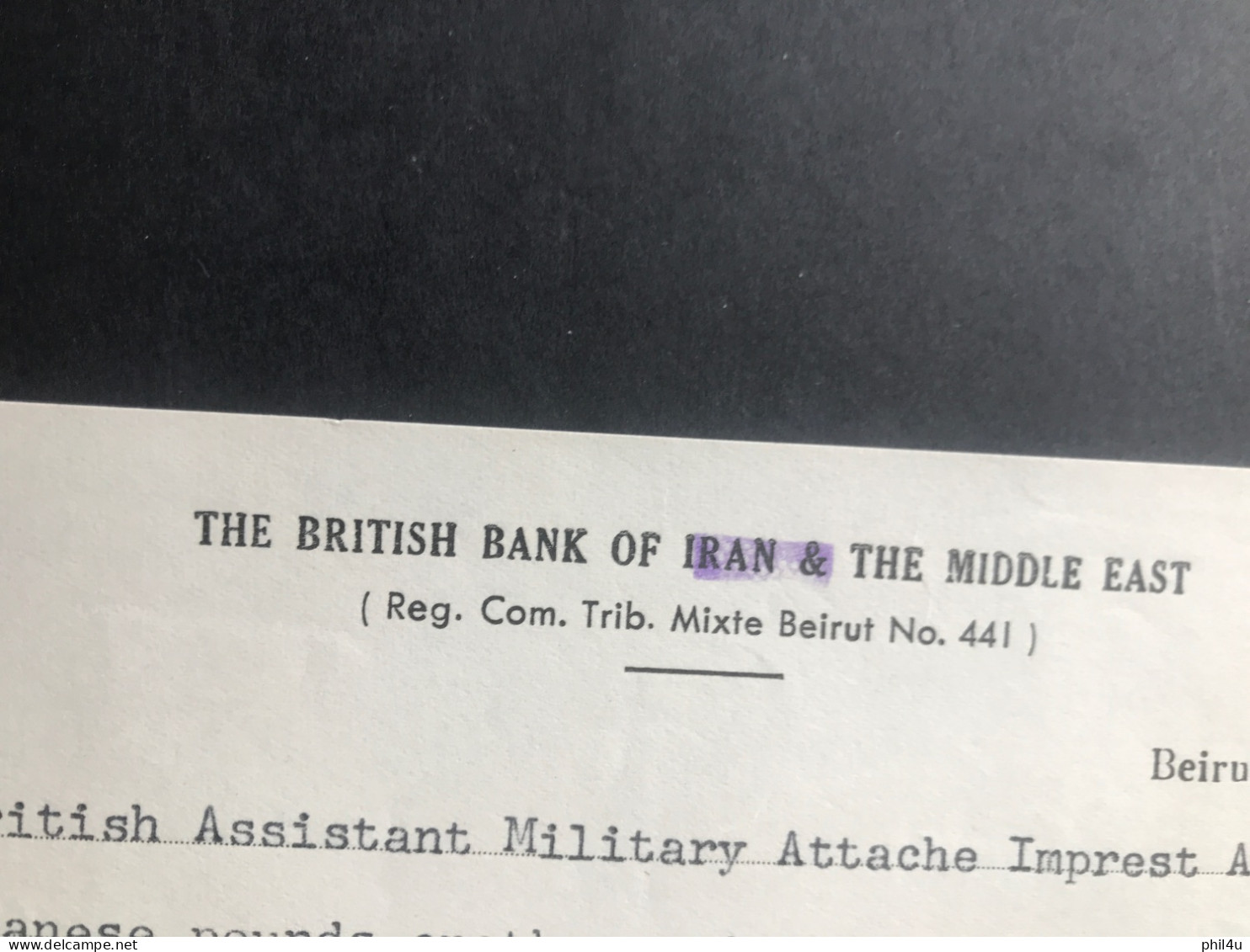 The British Bank Of The Iran & Middle East Credited British Assistant Military Attaché A/C 1025 Timbre Stamp Beirut - Iran