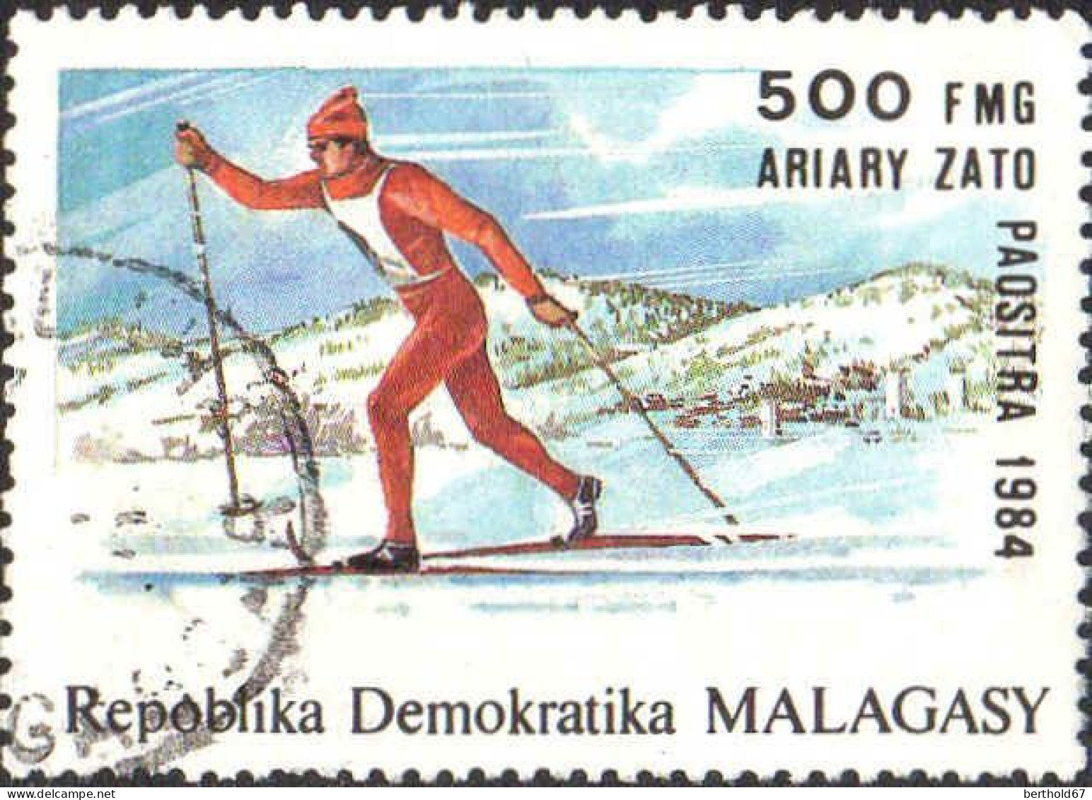 Madagascar (Rep) Timbre Du Bloc Obl Yv:  23 JO Sarajevo Ski De Fond (beau Cachet Rond) - Madagascar (1960-...)