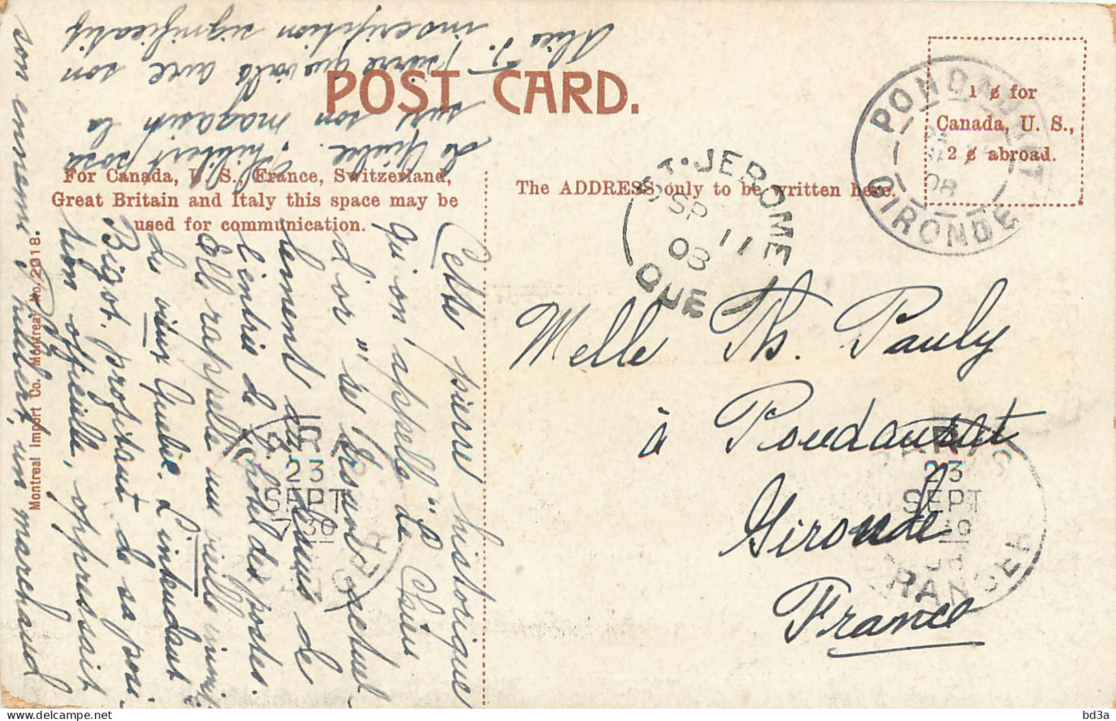 CACHET  ST JEROME CANADA 1903 POUR PONDORAT GIRONDE  - 1877-1920: Période Semi Moderne