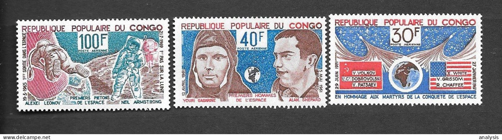 Congo Brazzaville Space 3 Stamps 1973 MNH. Gagarin "Vostok 1" "Apollo 11" "Soyuz 11" "Apollo 1" Accident - Afrique