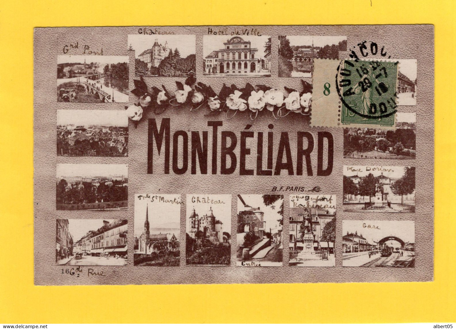 25 - Montbéliard - Multivues ( 15 Vues Différentes ) - Millésime 8 De 1918 Sur Semeuse 15c Vert Fond Ligné - - Montbéliard