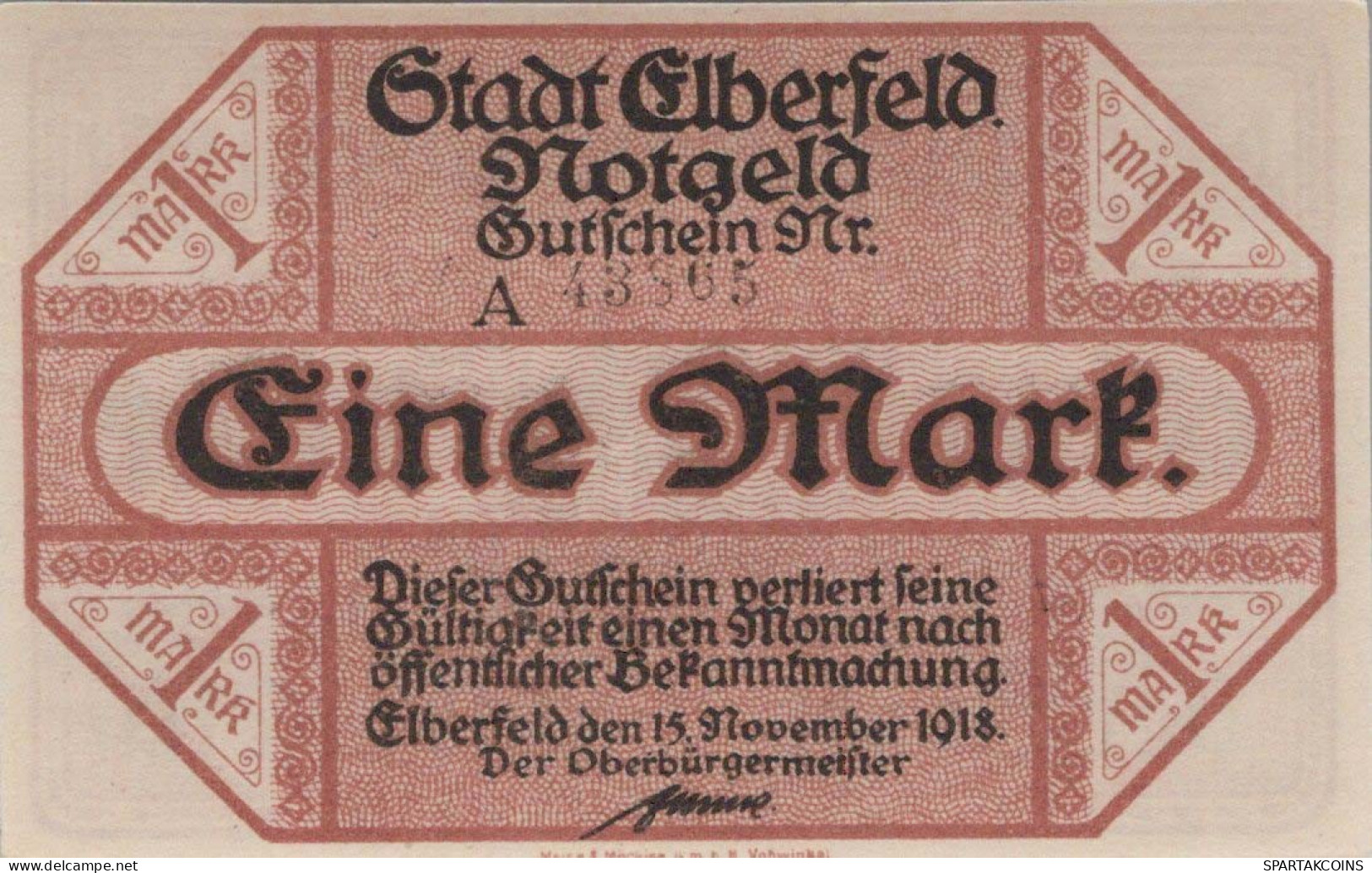 1 MARK 1918 Stadt ELBERFELD Rhine UNC DEUTSCHLAND Notgeld Banknote #PA526 - [11] Emissioni Locali