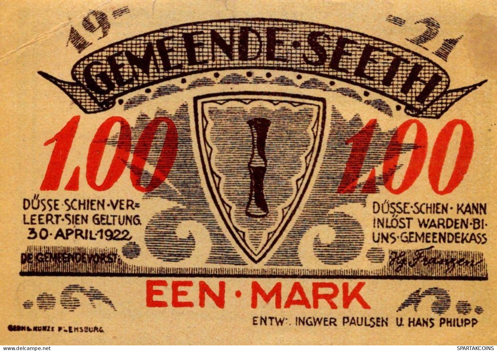 1 MARK 1922 Stadt SEETH IN NORDFRIESLAND UNC DEUTSCHLAND #PH312 - Lokale Ausgaben