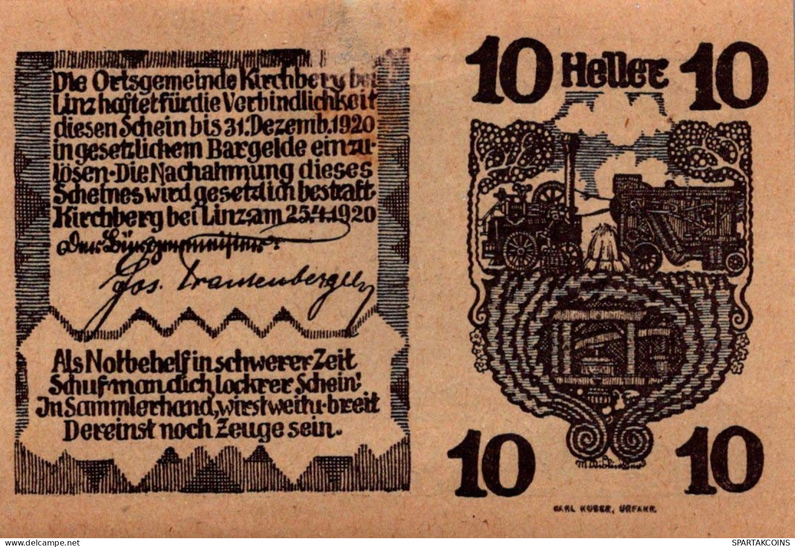 10 HELLER 1920 Stadt KIRCHBERG BEI LINZ Oberösterreich Österreich Notgeld #PI353 - [11] Emisiones Locales