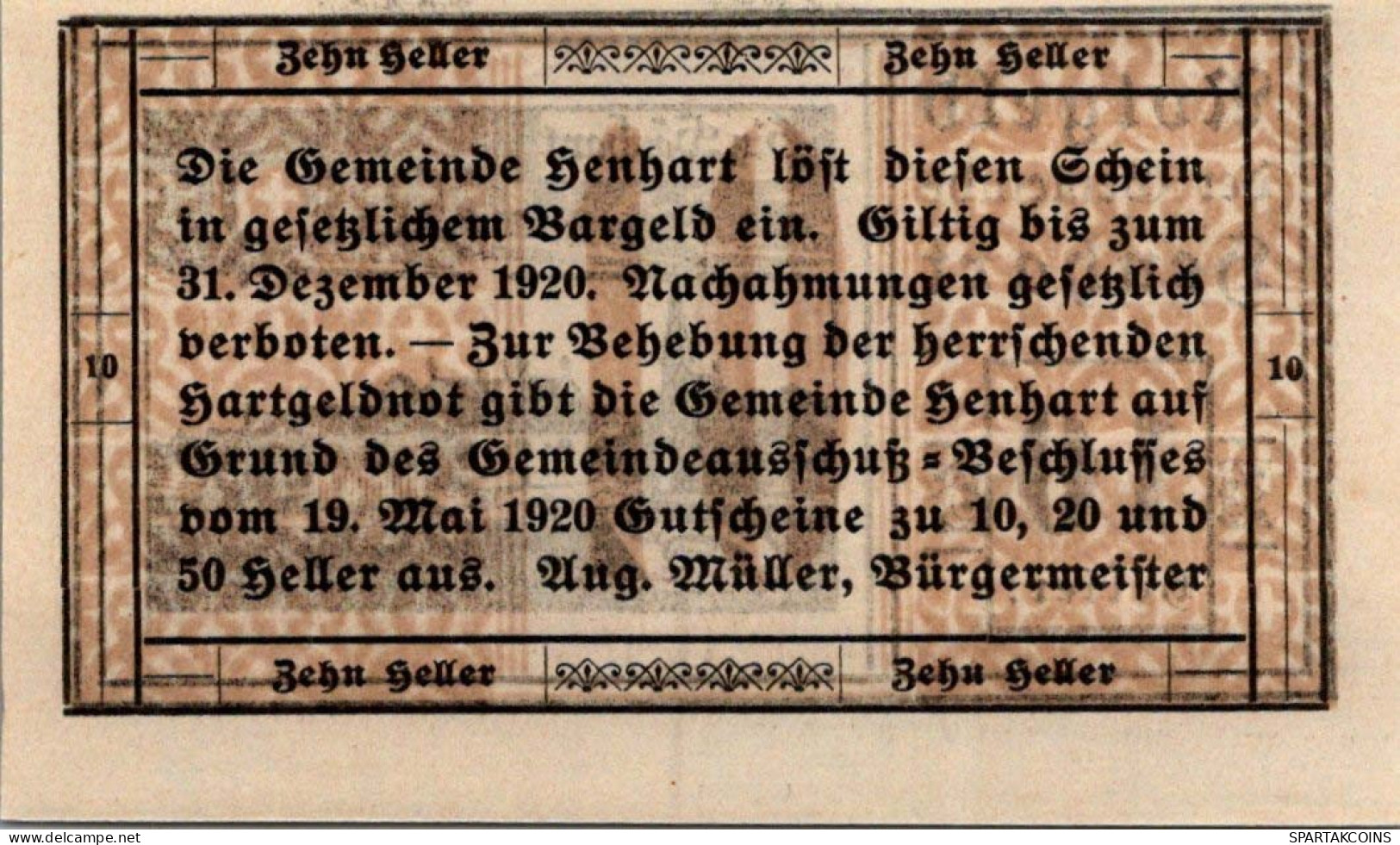 10 HELLER 1920 Stadt HENHART Oberösterreich Österreich Notgeld Papiergeld Banknote #PG584 - [11] Emisiones Locales