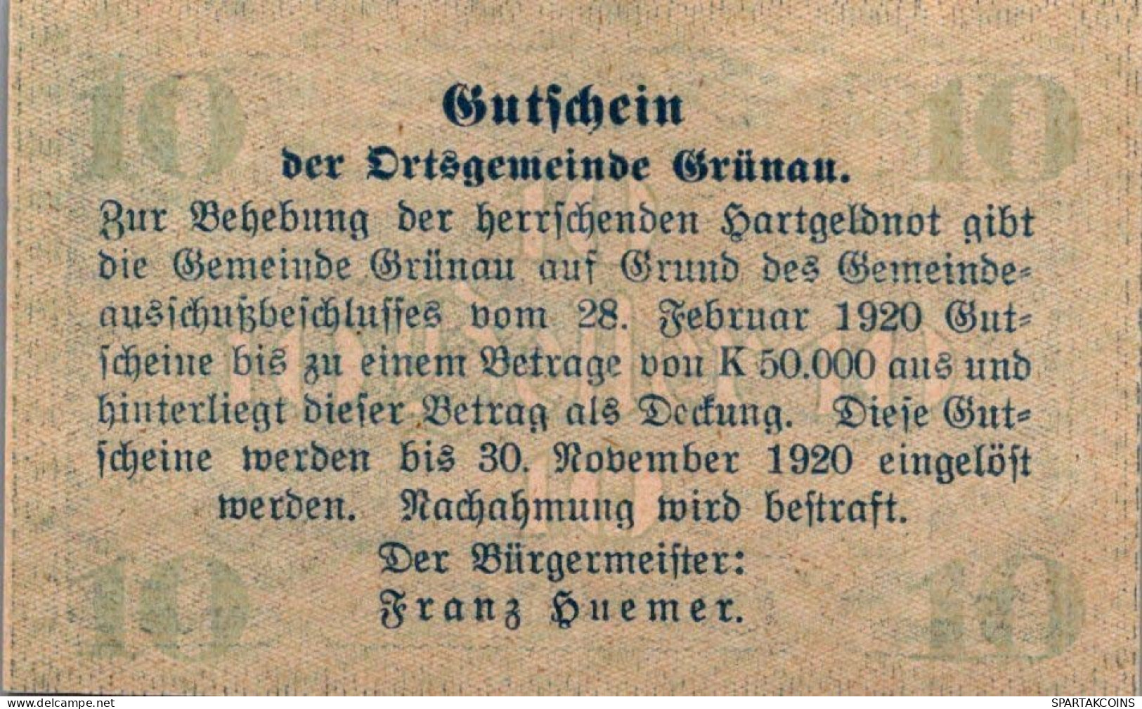 10 HELLER 1920 Stadt GRÜNAU Oberösterreich Österreich Notgeld Papiergeld Banknote #PG507 - [11] Emissions Locales