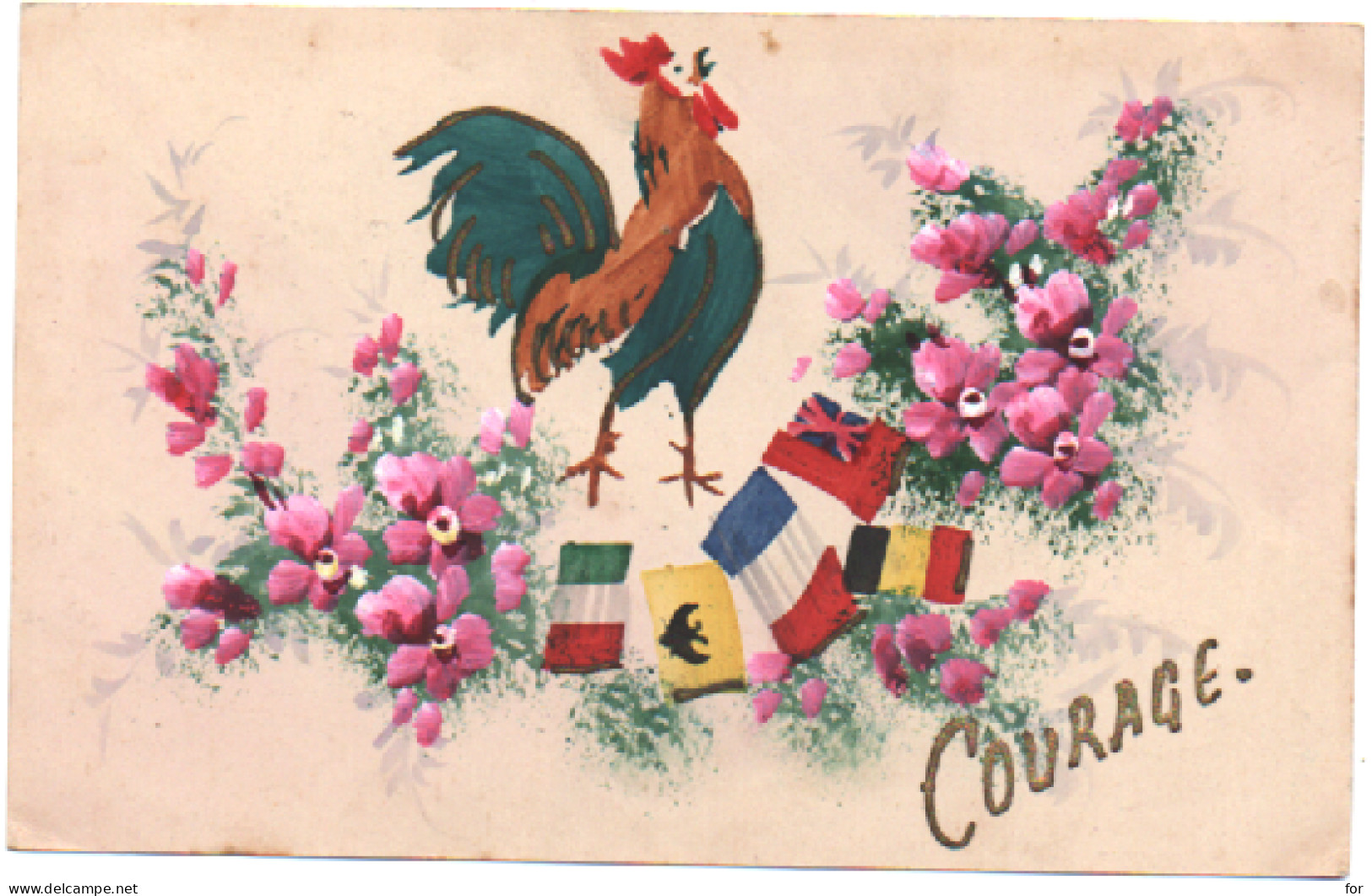 Militaire - Militaria : Guerre 1914-18 : Patriotiques : Courage : Coq - Drapeaux - Heimat