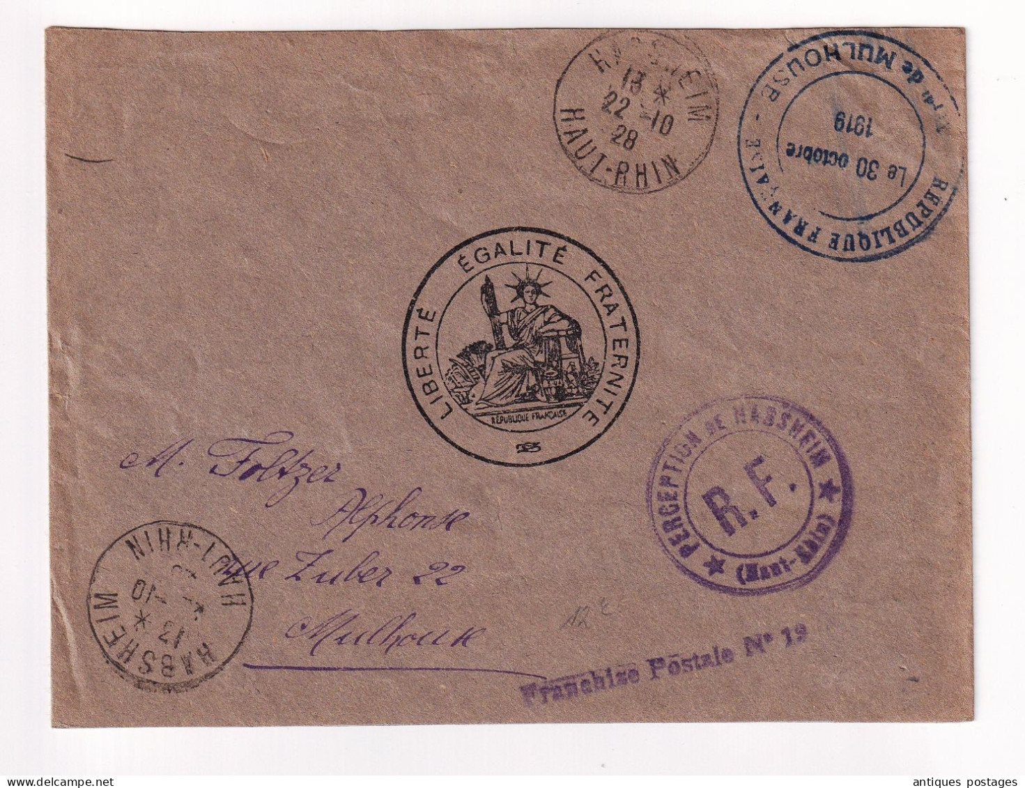 Lettre 1928 Haut Rhin Mulhouse Alsace Perception De Habsheim Franchise Postale N° 19 - Covers & Documents