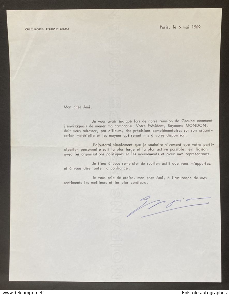Georges POMPIDOU – Lettre Signée – Campagne Présidence De La République - 1969 - Personajes Historicos