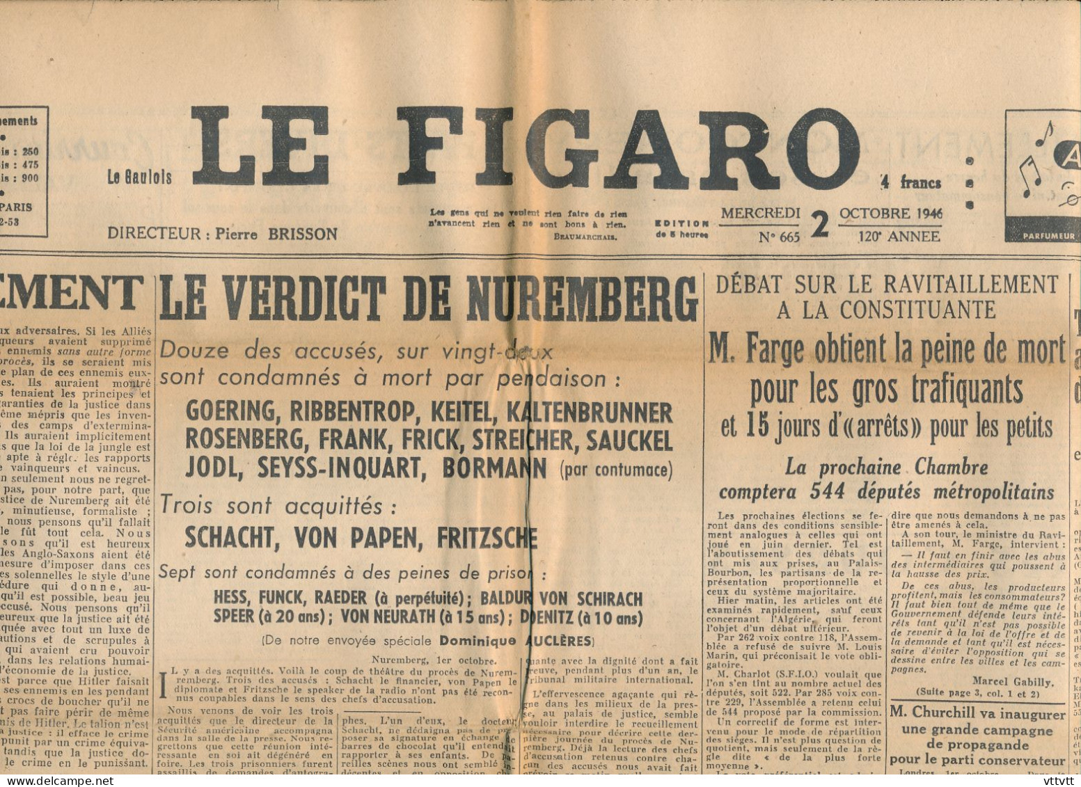 LE FIGARO, Mercredi 2 Octobre 1946, N° 665, Verdict Du Procès De Nuremberg, Montgomery Et Ses Batailles, Ravitaillement - Informaciones Generales
