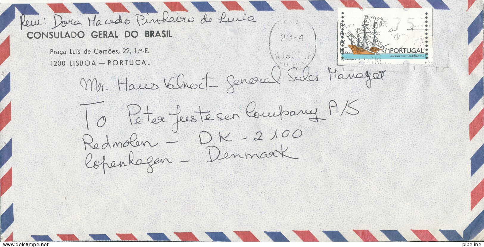 Portugal Air Mail Cover Sent To Denmark 28-4-1990 With ATM Frama Label (from The Embassy Of Brazil Lisboa) - Automatenmarken [ATM]