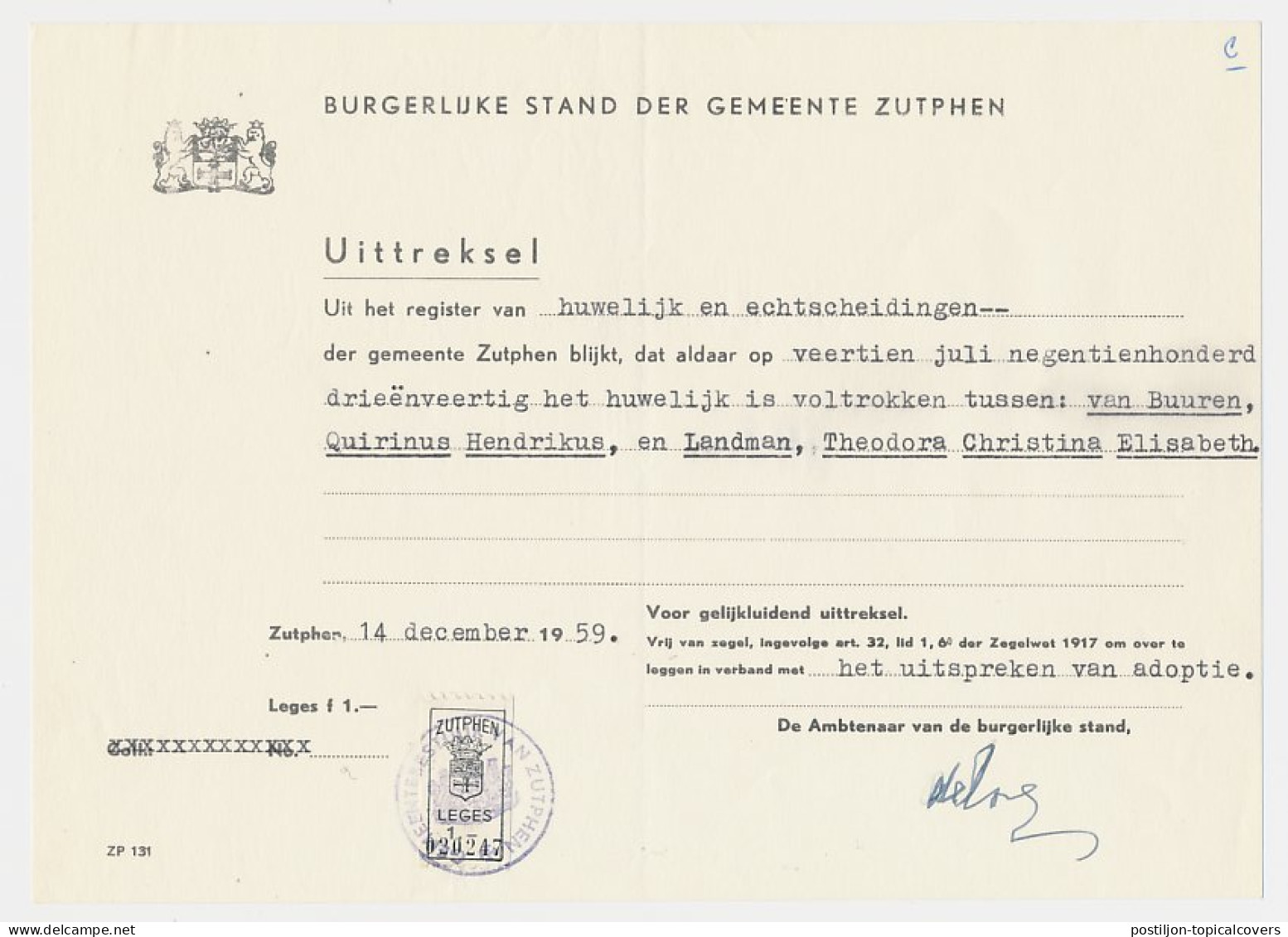 Gemeente Leges 1.- Zutphen 1959 - Steuermarken