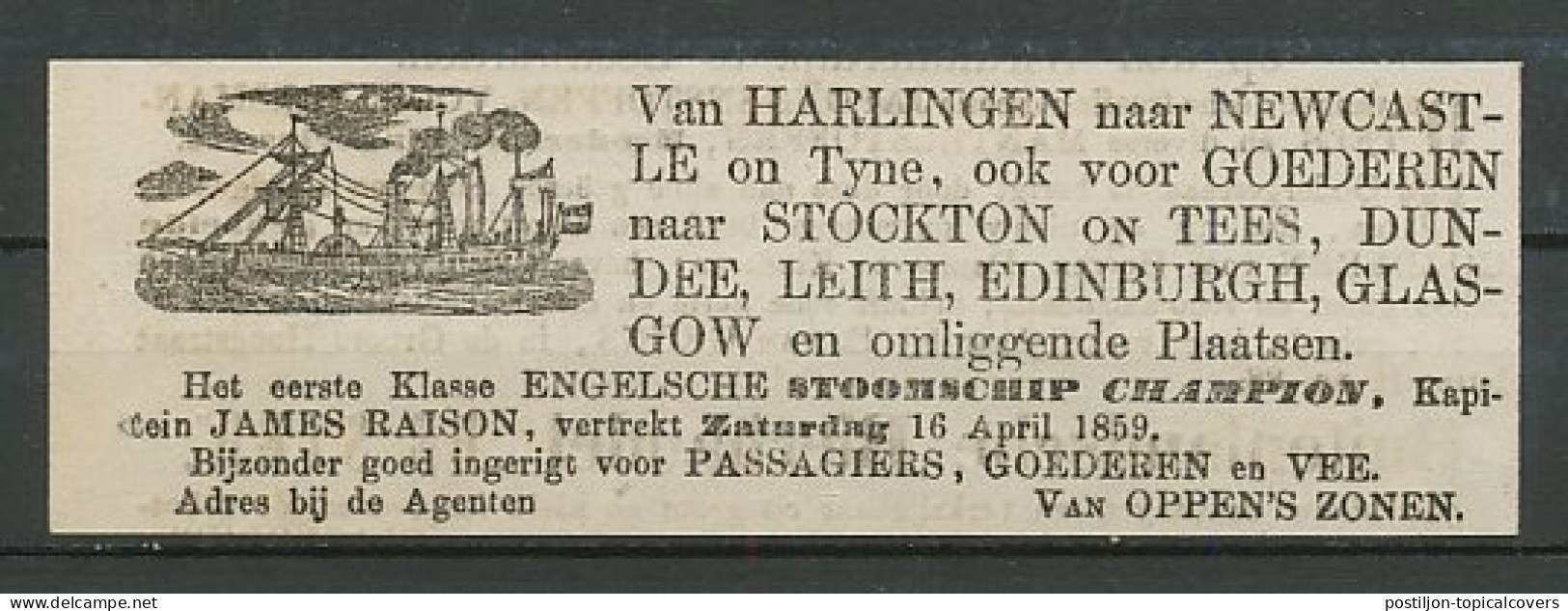 Advertentie 1859 Stoomschip Harlingen - Engeland - Lettres & Documents