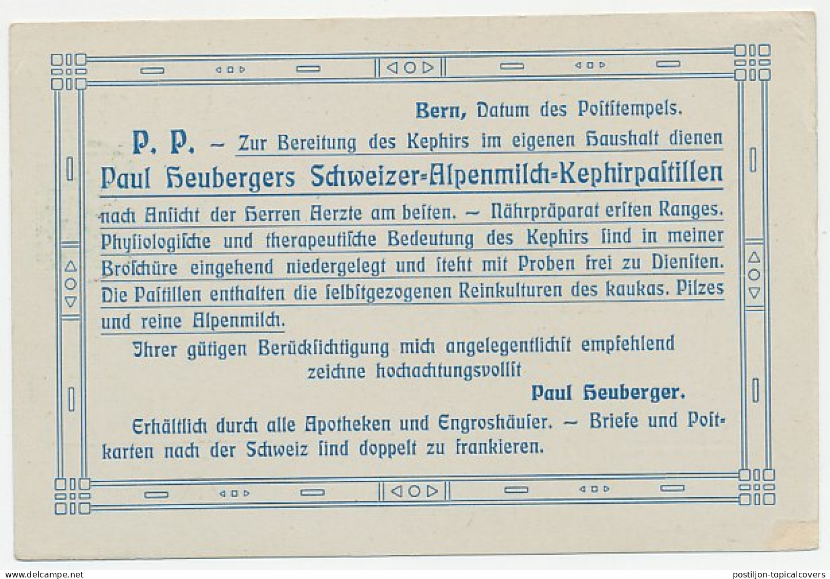 Postal Stationery Switzerland 1909 Kephir Pastilles - Mushroom - Alpine Milk - Pharmacy