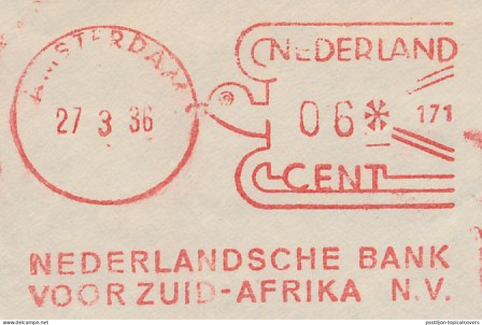 Meter Cover Netherlands 1936 - Komusina 171 Dutch Bank For South Africa - Amsterdam - Non Classés