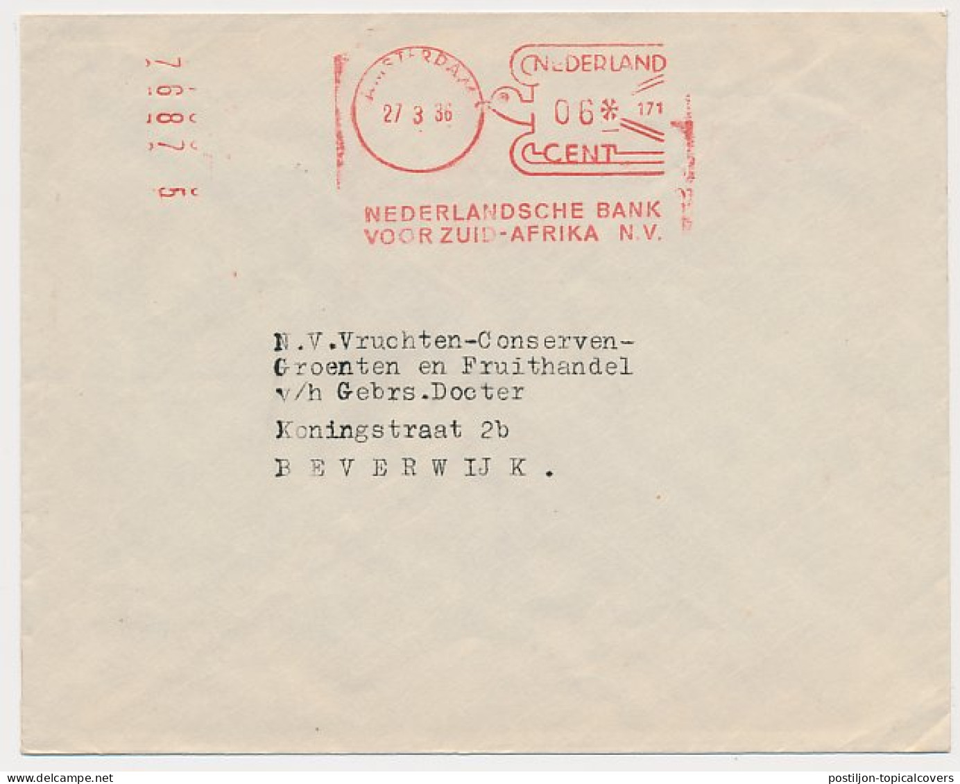 Meter Cover Netherlands 1936 - Komusina 171 Dutch Bank For South Africa - Amsterdam - Unclassified