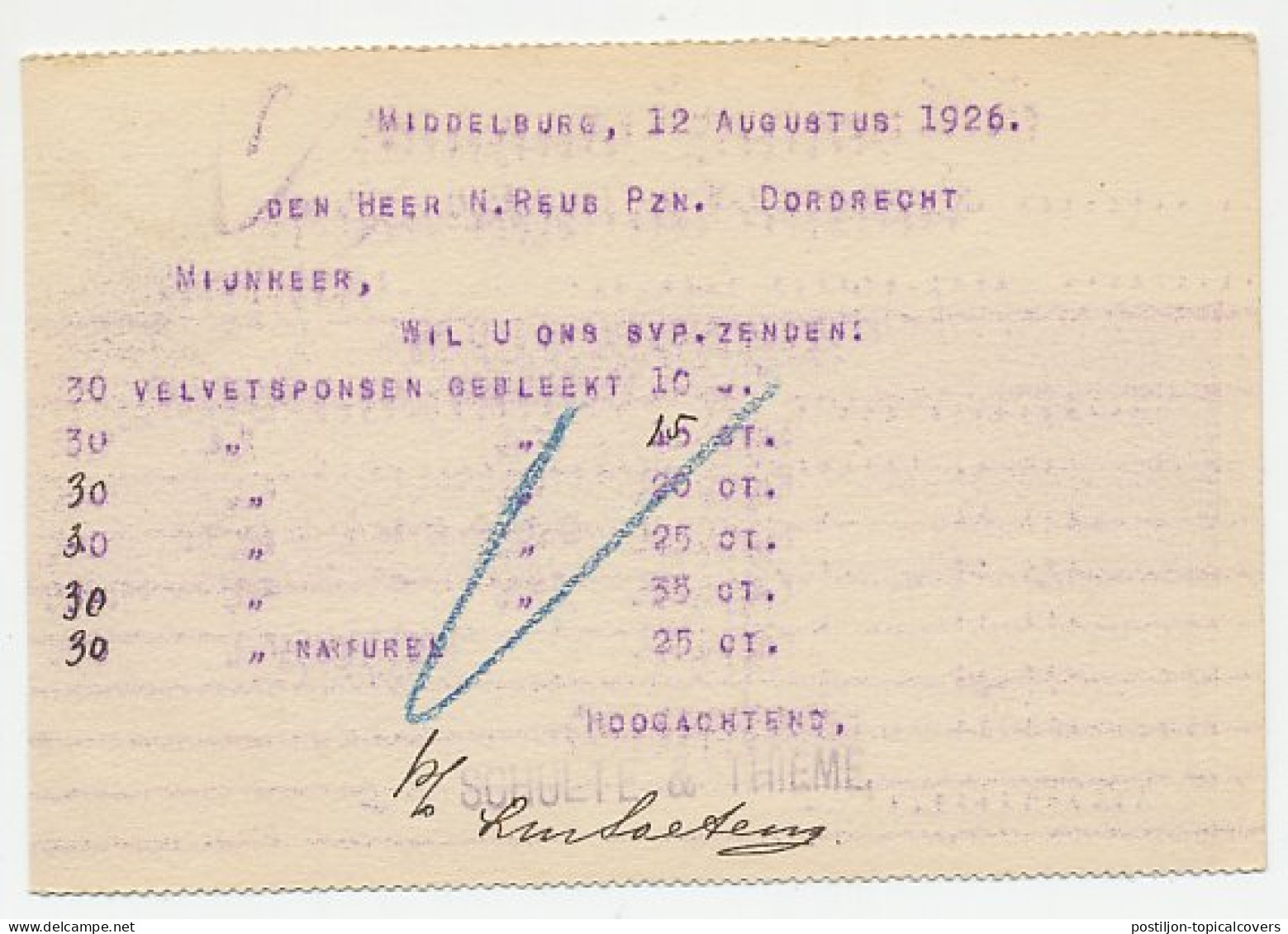 Firma Briefkaart Middelburg 1926 - Schulte En Thieme - Unclassified