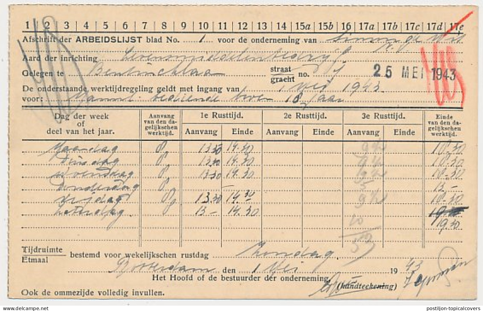 Arbeidslijst G. 18 Locaal Te Rotterdam 1943 - Postal Stationery