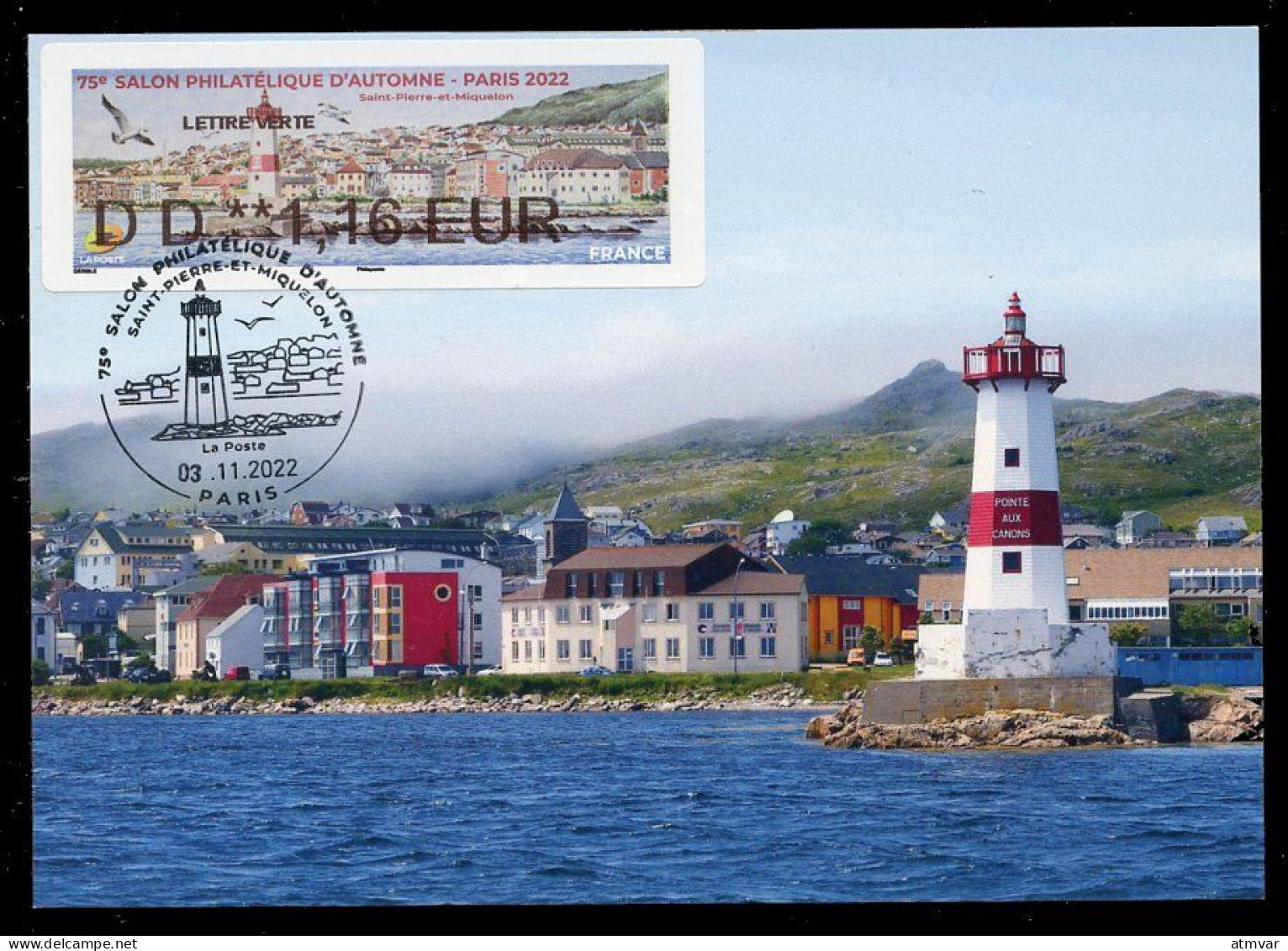 FRANCE (2022) Carte Maximum Card ATM LISA - 75e Salon Philatélique Automne, Saint-Pierre-et-Miquelon, Phare, Lighthouse - 2020-…
