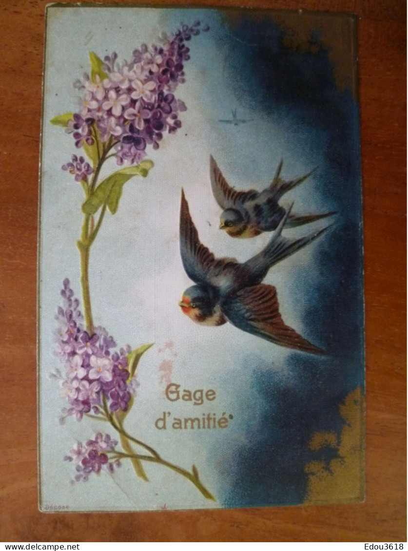 Carte Postale Gage D'amitié Gaufrée Lilas Hirondelle  X - Sonstige & Ohne Zuordnung