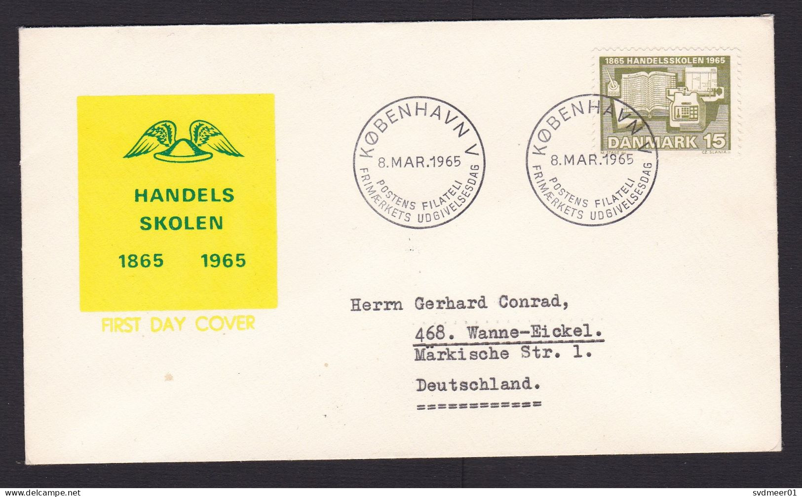 Denmark: FDC First Day Cover To Germany, 1965, 1 Stamp, Trade School, Education (minor Discolouring) - Covers & Documents