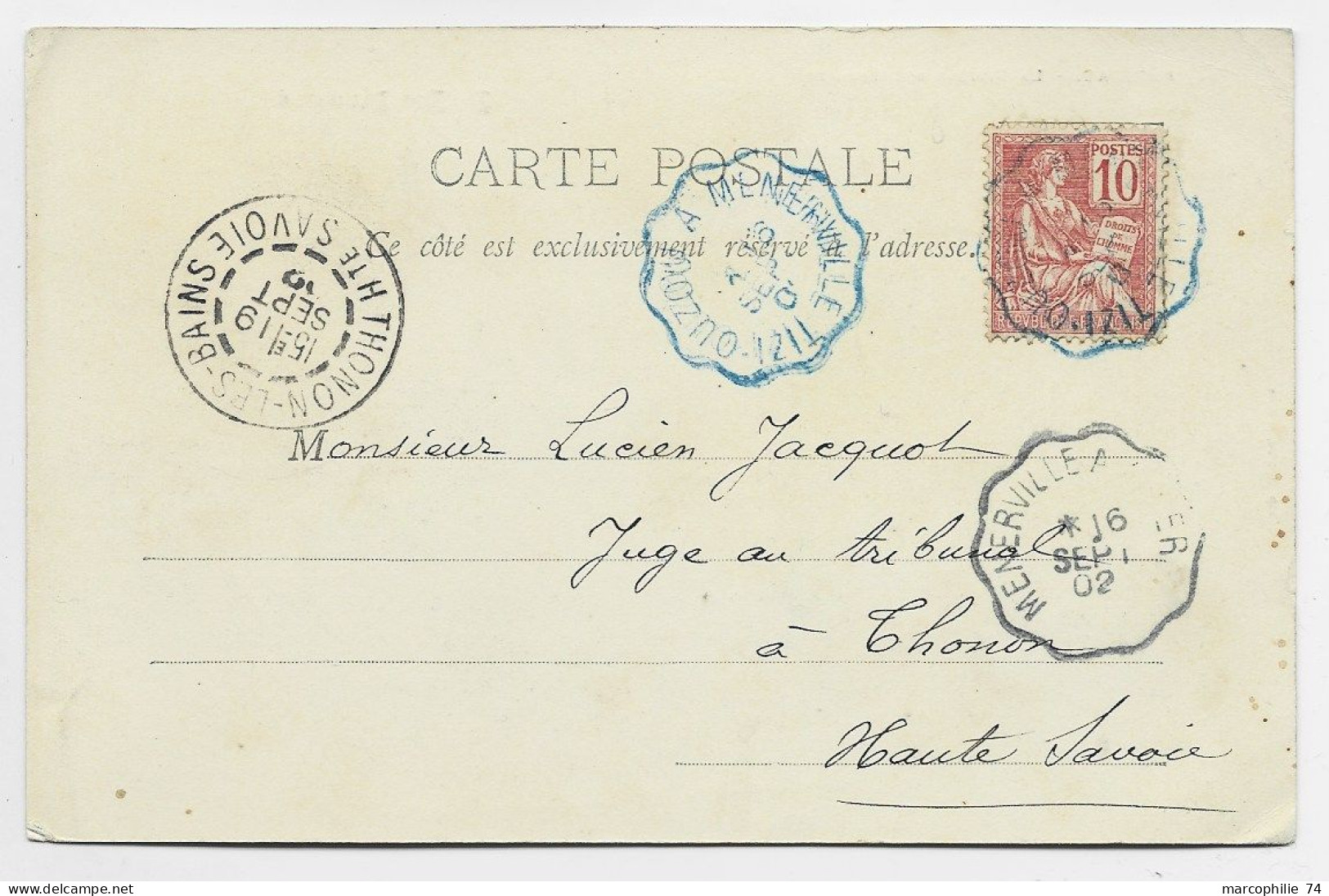 MOUCHON 10C CARTE PADIRAC CONVOYEUR BLEU TIZI OUZOU A MENERVILLE 1902 EN ALGERIE - Railway Post