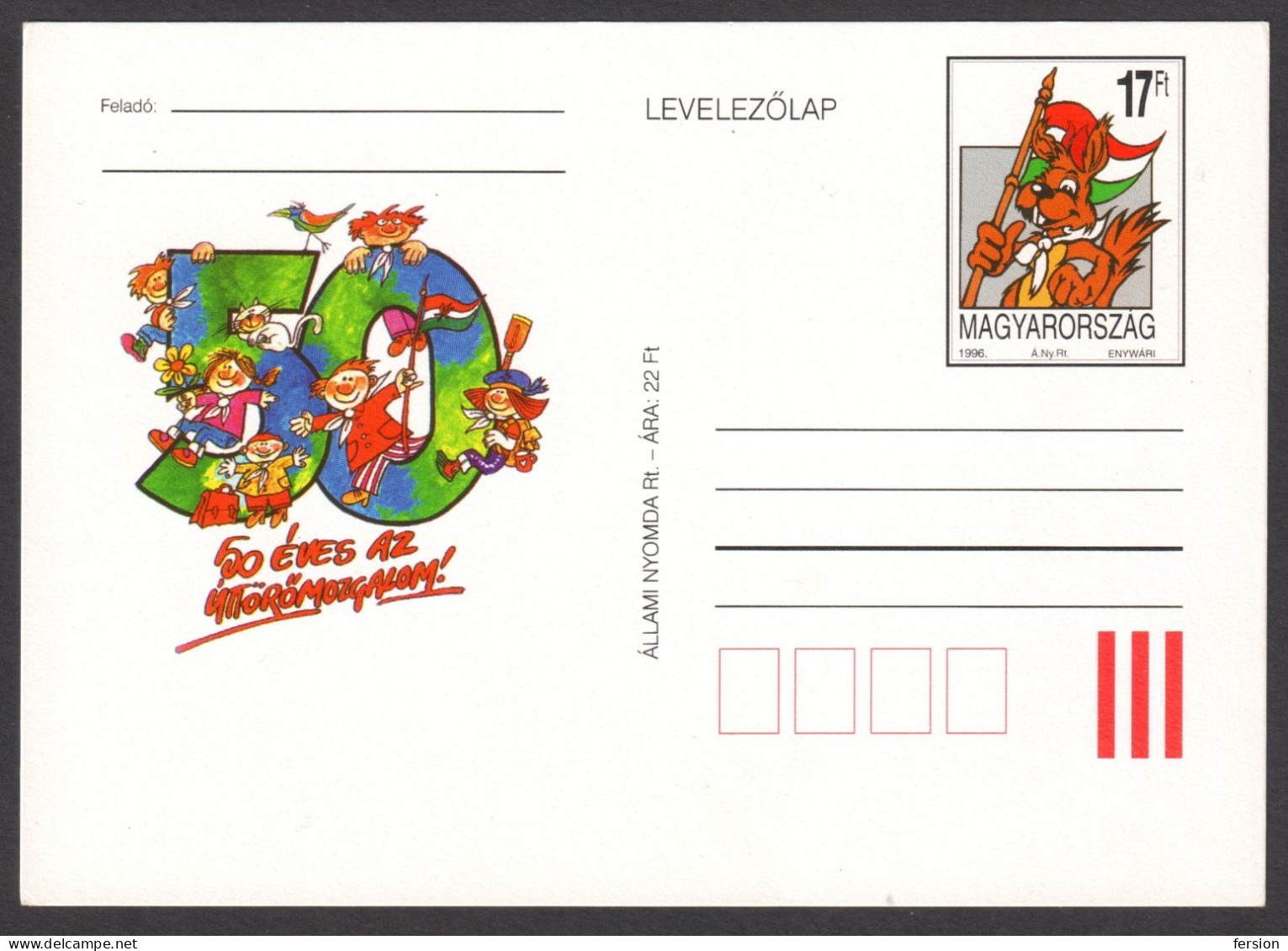 Squirrel  - 1996 HUNGARY - 50th Anniv. Of Pioneer Movement / SCOUT SCOUTS - STATIONERY - POSTCARD - FLAG Tricolor - Covers & Documents