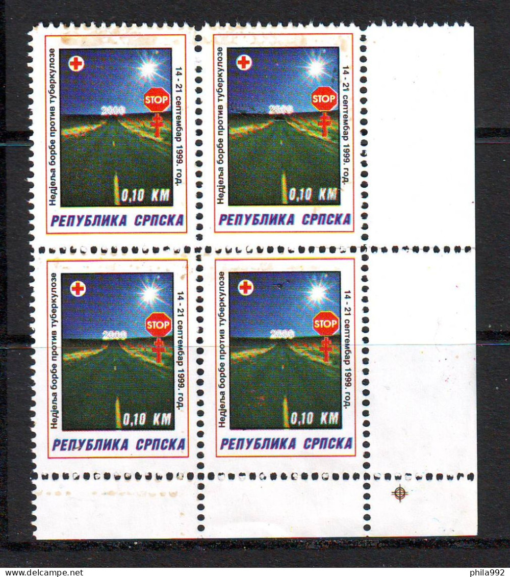 Bosnia:Republika Srpska 1999  Charity Stamp Red Cross TBC Mi.No.5 Self Adhesive Block Of 4 MNH - Bosnia And Herzegovina